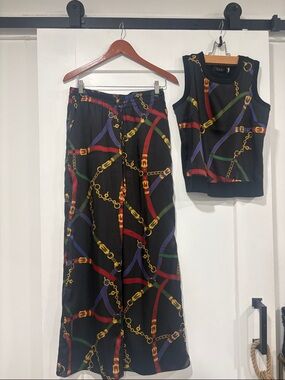 Ralph Lauren Black Maxi Skirt with Red, Green, Blue & Gold Chain Print